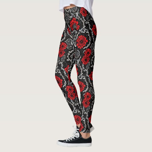 Rode bloemen en zwarte kant, naadloos patroonpatro leggings (Links)