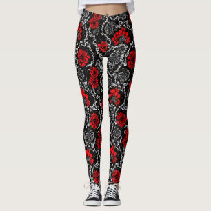 Rode bloemen en zwarte kant, naadloos patroonpatro leggings