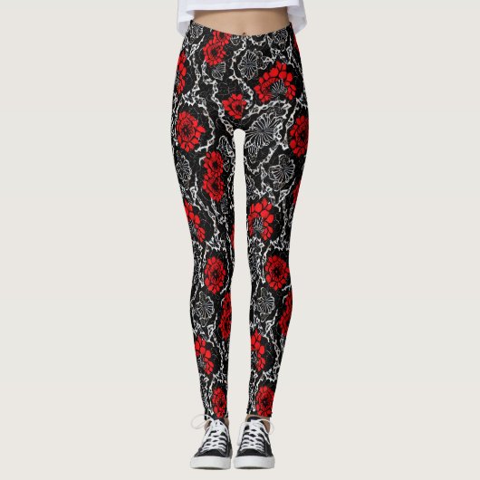 Rode bloemen en zwarte kant, naadloos patroonpatro leggings (Voorkant)