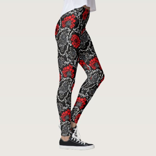 Rode bloemen en zwarte kant, naadloos patroonpatro leggings (Rechts)