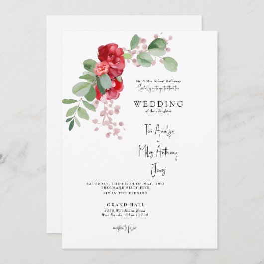 Rode Bloemen Eucalyptus bruid ouders bruiloft Kaart (Voorkant / Achterkant)