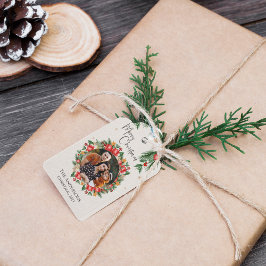 Rode Bloemen Familie Foto Vrolijk Kerstfeest Cadeaulabel