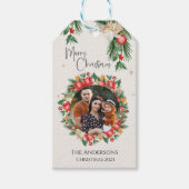 Rode Bloemen Familie Foto Vrolijk Kerstfeest Cadeaulabel (Voorkant)