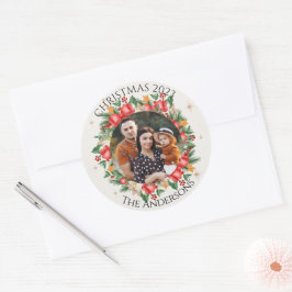 Rode Bloemen Familie Foto Vrolijk Kerstfeest Ronde Sticker