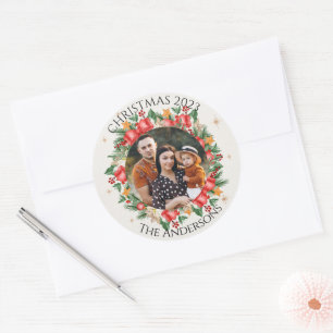 Rode bloemen familie foto vrolijk kerstfeest ronde sticker