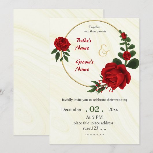 Rode bloemen gebladerte gouden krans kaart (Voorkant / Achterkant)