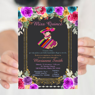 Rode bloemen Goud Charro Quinceañera Kaart