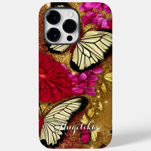 Rode Bloemen Goud Glitters Vlinders Aangepaste Naa Case-Mate iPhone Case (Achterkant)