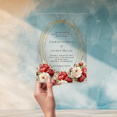 Rode bloemen goud lijst duidelijke bruiloft acryl uitnodigingen