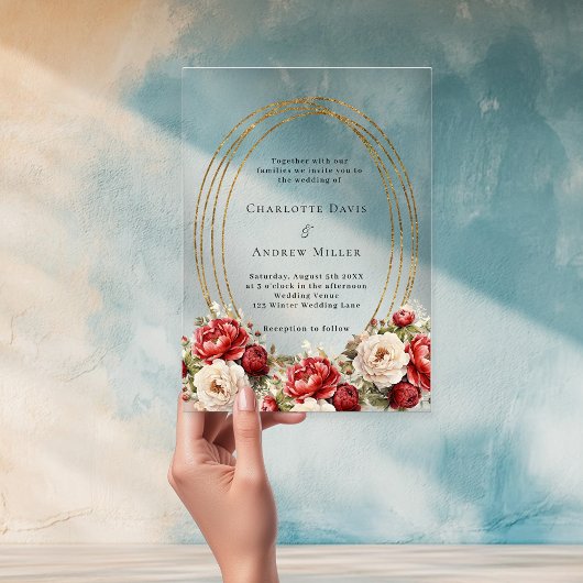 Rode bloemen goud lijst duidelijke bruiloft acryl uitnodigingen