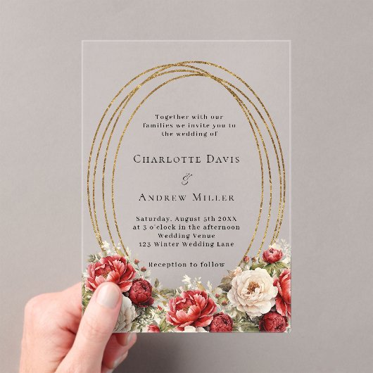 Rode bloemen goud lijst duidelijke bruiloft acryl uitnodigingen (Insitu (Draagbaar))