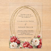 Rode bloemen goud lijst duidelijke bruiloft acryl uitnodigingen (Voorkant)