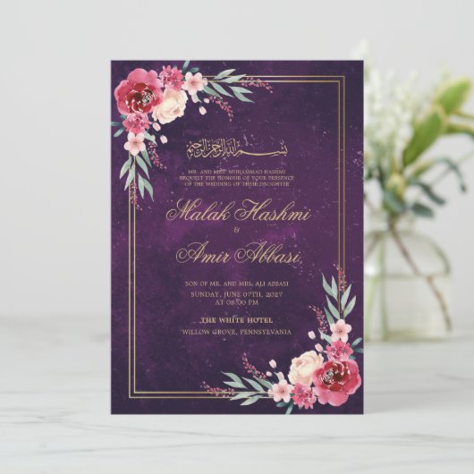 Rode Bloemen Goud Lijst Moslim Bruiloft Kaart (Staand voorkant)