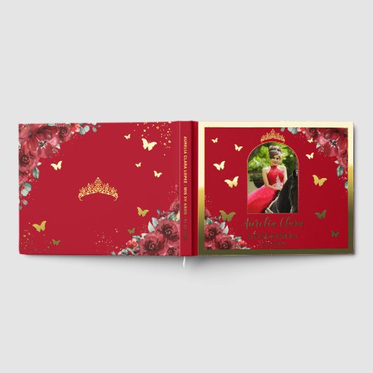 Rode Bloemen Goud Quinceañera Quince Foto Gastenboek (Volledig)