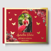 Rode Bloemen Goud Quinceañera Quince Foto Gastenboek (Voorkant)