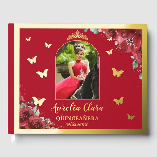 Rode Bloemen Goud Quinceañera Quince Foto Gastenboek (Voorkant)
