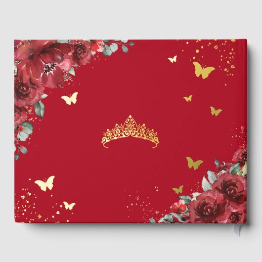 Rode Bloemen Goud Quinceañera Quince Foto Gastenboek (Achterkant)