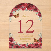 Rode Bloemen Goud Quinceañera XV 16 Tafelnummer (Voorkant)