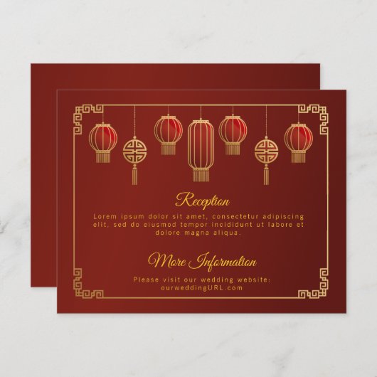 Rode Bloemen Gouden Afwerking Chinese Trouwomheini Informatiekaartje (Voorkant / Achterkant)