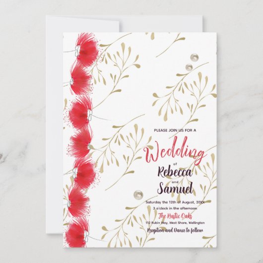 Rode bloemen, gouden bladeren bruiloft uitnodiging (Voorkant)