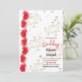 Rode bloemen, gouden bladeren bruiloft uitnodiging (Staand voorkant)