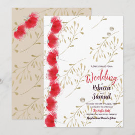 Rode bloemen, gouden bladeren bruiloft uitnodiging