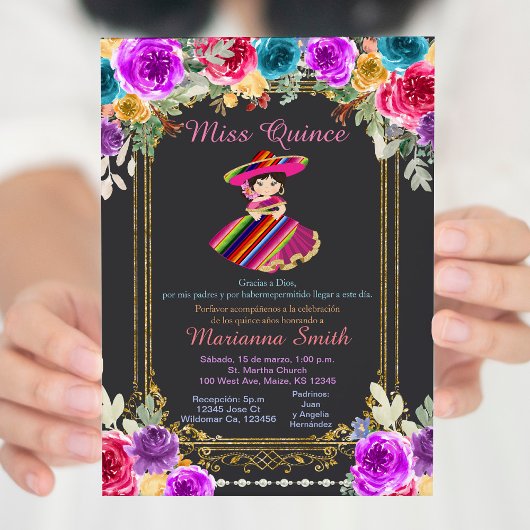 Rode Bloemen Gouden Charro Quinceañera Kaart