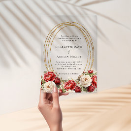 Rode bloemen gouden frame heldere trouw acryl uitnodigingen