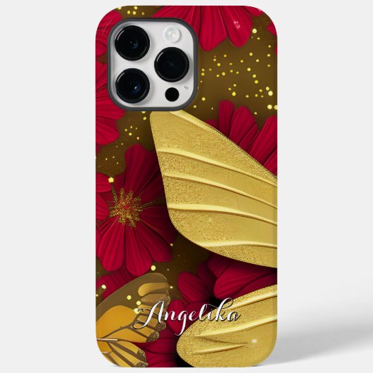 Rode Bloemen Gouden Glitters Gepersonaliseerde Naa Case-Mate iPhone Case (Achterkant)