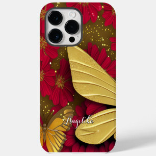 Rode Bloemen Gouden Glitters Gepersonaliseerde Naa iPhone 14 Pro Max Hoesje