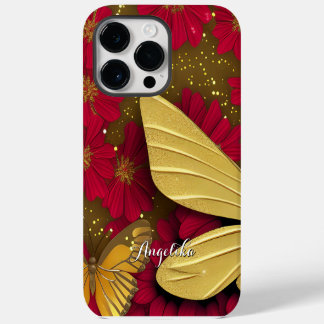 Rode Bloemen Gouden Glitters Gepersonaliseerde Naa iPhone 14 Pro Max Hoesje