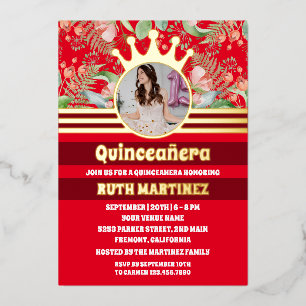 Rode Bloemen Gouden Kroonprinses Quinceanera Folie Uitnodiging