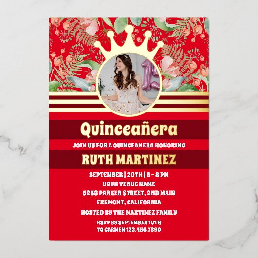 Rode Bloemen Gouden Kroonprinses Quinceanera Folie Uitnodiging (Voorkant)
