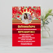 Rode Bloemen Gouden Kroonprinses Quinceanera Folie Uitnodiging (Staand Voorkant)