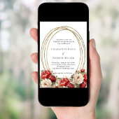 Rode bloemen gouden lijst bruiloft kaart