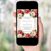 Rode bloemen gouden lijst bruiloft kaart