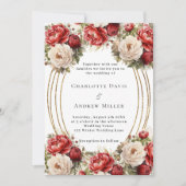 Rode bloemen gouden lijst bruiloft kaart (Voorkant)