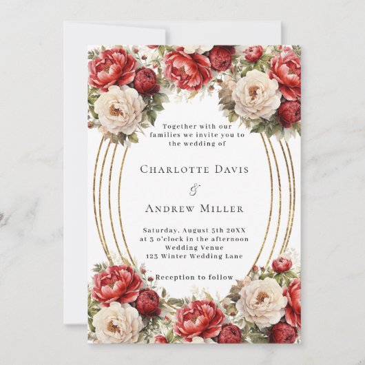 Rode bloemen gouden lijst bruiloft kaart (Voorkant)