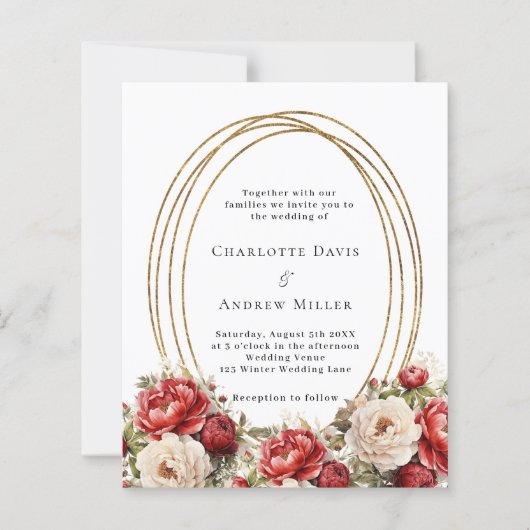 Rode bloemen gouden lijst huwelijksuitnodiging (Voorkant)