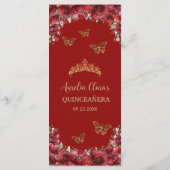 Rode Bloemen Gouden Quinceanera Verjaardagsmenu Programmakaart (Achterkant)