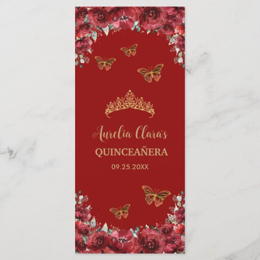 Rode Bloemen Gouden Quinceanera Verjaardagsmenu Programmakaart (Achterkant)
