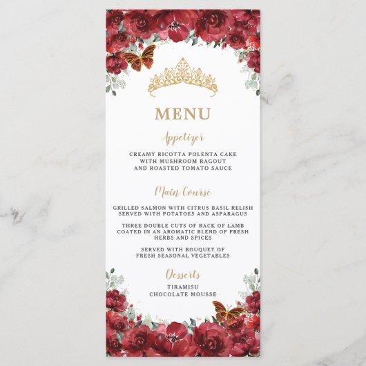 Rode Bloemen Gouden Quinceanera Verjaardagsmenu Programmakaart (Voorkant)
