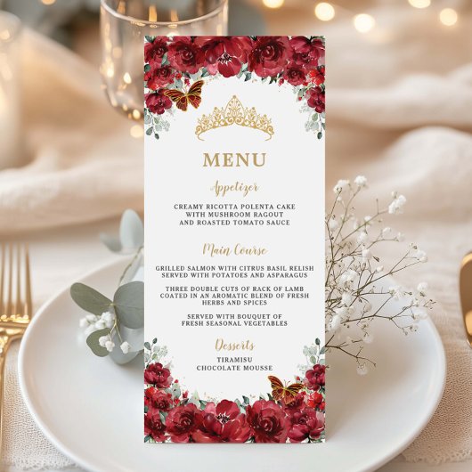 Rode Bloemen Gouden Quinceanera Verjaardagsmenu Programmakaart