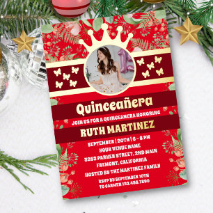 Rode Bloemen Gouden Vlinder Quinceanera Party Foto Folie Uitnodiging