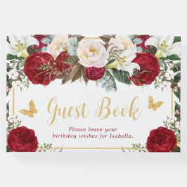 Rode Bloemen Gouden Vlinders Foto Quinceañera Gastenboek