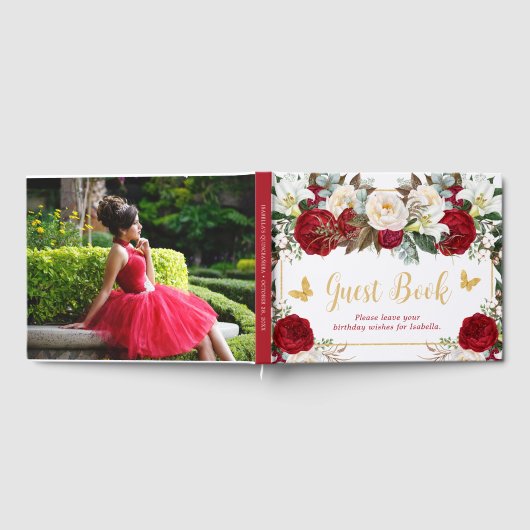 Rode Bloemen Gouden Vlinders Foto Quinceañera Gastenboek (Volledig)