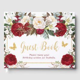 Rode Bloemen Gouden Vlinders Foto Quinceañera Gastenboek