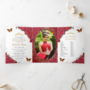 Rode Bloemen Gouden Vlinders Quinceañera 15 Foto's Drieluik Uitnodiging