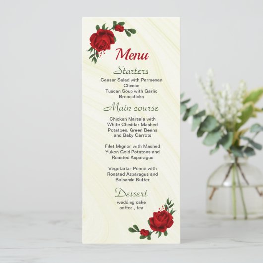 Rode bloemen groen bruiloft menu (Staand voorkant)