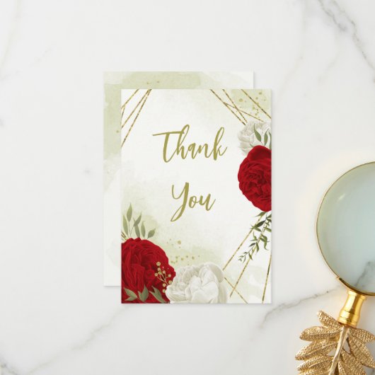 Rode bloemen groene bladeren bedankkaart (Voorkant / Achterkant in situ)